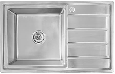Omeere, 80x50x21 Fregadero de cocina, de acero inoxidable 304, grosor de material 0,9 mm, Fregadero empotrado 1 seno,pequeña rectangular,cuadrado, R16 (escurridor derecho-plateado)