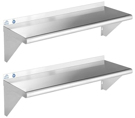 ROCKPOINT Stainless Steel Shelf 12 x 36 Inches 300lb, 2 Pack NSF Commercial Wall Mount Floating Shelving with Backsplash for Restaurant, Kitchen, Home and Hotel, Silver