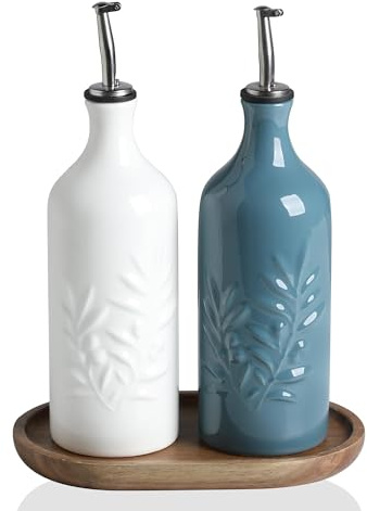 Sweejar Home Ceramic Olive Oil Dispenser Bottle, 560ml Relief Opaque Oil Cruet Protects To Reduce Oxidation, Suitable for Storage Vinegar, Soy Sauce,Liquids,Set of 2 (White Fog Blue)