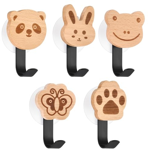 AHHALFFY Holz Kleiderhaken Kinder Selbstklebender Wandhaken in Tiere-Form Kindergarderobe Haken Garderobenhaken Kleiderhaken Wand Wandaufhänger Türhaken Möbelknöpfe Holzgriffe (Waldtiere A)