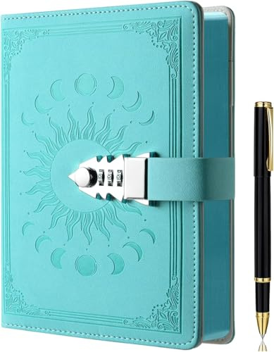 ZXHQ Journal Intime avec Code 21 x 15,5 cm – 224 pages, Carnet Secret pour Adulte, Fille ou Garçon, Couverture en cuir PU, Tranche Colorée, Design en relief Soleil et Lune-Bleu Turquoise