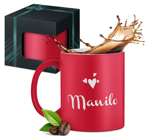 Maverton Tazza da caffè latte o tè in ceramica, Tazze con manico | Per macchiatone da 330 ml per Lui, Incisione personalizzata, Bicchiere per bevande per compleanno uomo, Rosso, nome