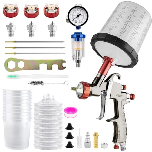 R500 LVLP Spraypistol för tryckluft med munstycken 1,3/1,7/2,0 mm, 20 oz (650 ml) uppsättning av 10 engångsmuggar för bil- och husfärgspistol