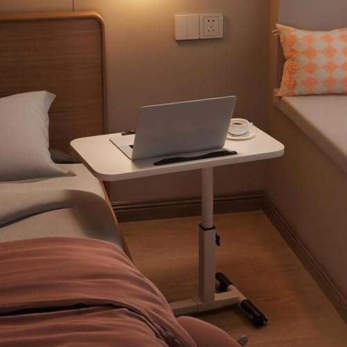 Mobiler Schreibtisch Mit Rollen, Kleiner Stehtisch, Höhenverstellbarer Betttisch Auf Rollen Und Zwei Kartenfächern, Laptopständer Computerwagen(White)