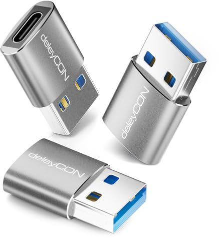 deleyCON Adaptateur USB-C (Lot de 3) USB 3.0 5 Gbps - Prise USB-C vers Fiche USB-A - pour iPhone 17/16/15, iPad, Galaxy S25/S24/S23, A56, A16, Ordinateur Portable, CarPlay, etc.