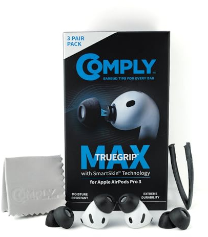 Comply TrueGrip MAX | Premium Memory Foam Replacement Earplugs for Apple AirPods Pro (3 Generation) | SmartSkin Technology | Excellent Noise Isolation | Black, Assorted S/M/L, 3 Pairs