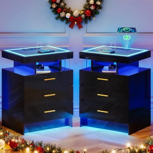OUTDOOR DOIT 2 Set Nightstands with Wireless Charging Station for Bedroom, Auto Sensor 3 Color Dimmable LED End Table, Modern Bedside Table with 3 Drawers & 3 Open Compartments (2 x Black)