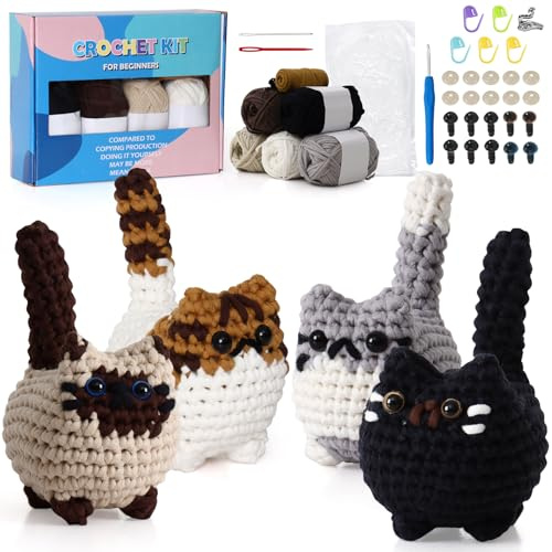MEIVINES Häkelset für Anfänger Häkelset Tiere Häkeln Katzen Stricken für Anfänger Set Häkeln Kit für Anfänger mit Schritt für Schritt Video Tutorials Crochet Set für Erwachsene (4 Stück Katzen)