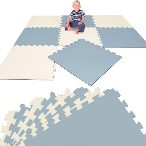 LittleTom Spielmatte Baby Puzzlematte Beige & Blau 8 Teile je 50x50 cm - Krabbelmatte 200x100 cm Bodenmatte Kinder - Puzzle Teppich Kinderzimmer Matte - Bodenschutzmatte Spielteppich - EVA Schaumstoff