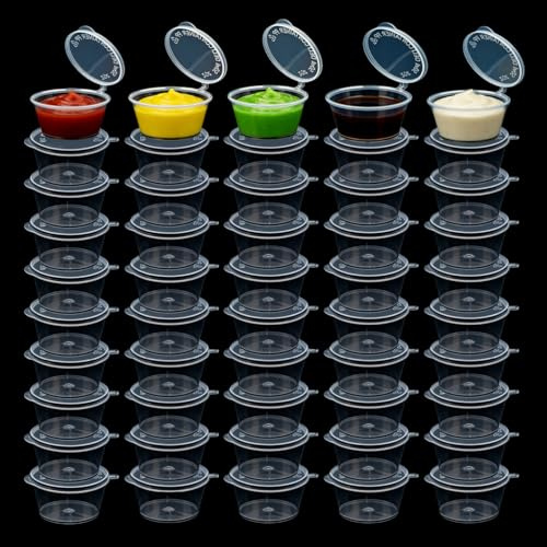 Sixinfeto Pack de 50 Envases de Plástico con Tapa 50ml Envases de Plástico 2oz – Recipientes Pequeños y Herméticos para Salsas, Dips, Condimentos y Especias