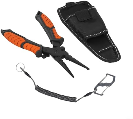 Shophubio Pinze da pesca in acciaio inox per pesca in acqua salata, strumento multifunzione per rimuovere ami da pesca con taglierina e pinza crimpatrice, diviso per aprire anelli (arancione nero)