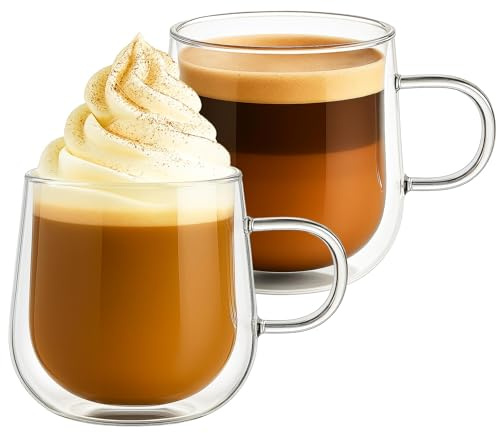 Innoteck Double Walled Glass Coffee Cups, Set of 2, 275ml | Set of two 275ml borosilicate glass coffee cups with double-wall insulation, handles & heat-resistant for hot or cold drinks