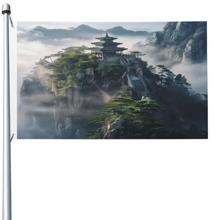 Bandiera a doppia faccia con tempio di montagna, 0,9 x 1,5 m, striscione decorativo da giardino, stampa a colori su entrambi i lati, facile da installare
