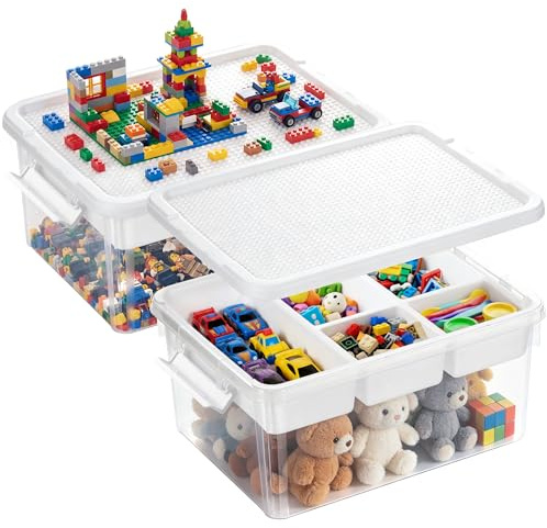 Kerhouze 2er-Pack 16-Liter-Aufbewahrungsboxen für Spielzeug mit Deckel in Form einer Baustein-Grundplatte, herausnehmbarer Einlegeboden, Verschlussgriff, stapelbare Aufbewahrungsboxen mit Fächern