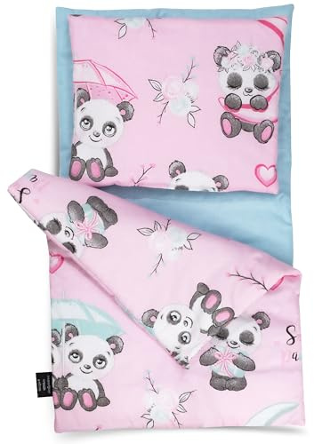 PinkZebra 3er Set Puppenbettwäsche für Puppenbett, Puppenbettzeug 3-teilig, Decke + Kissen + Matratze, aus Baumwolle für Puppen bis 43 cm, ÖKO-TEX STANDART 100, Pandabär Rosa 1