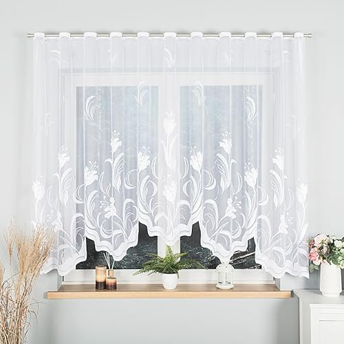Gardinen Vorhangen Weiß Jacquard 300x160 cm (BxH) Jully Moderne Kurzgardine Für Küche Und Wohnzimmer Elegant Mit Muster Fertig Zum Aufhängen Mit Schlaufen Bogen