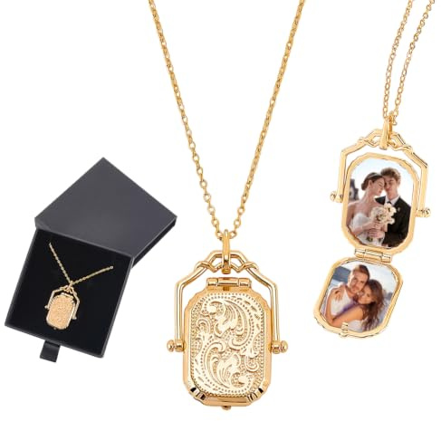 PH PandaHall Medaillon Halskette, Welle Stil Foto Medaillon Halskette die Bilder Hält Messing Rechteck Bild Anhänger mit Geschenk Box für Frauen Männer Jubiläum Geburtstag Gedenk Tag Andenken