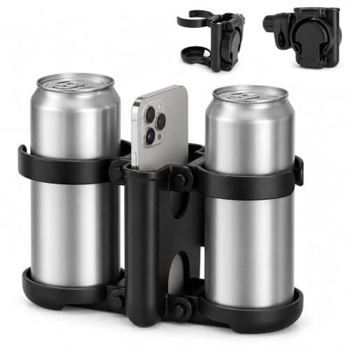 3-in-1 Getränkehalter Kinderwagen Doppel Flaschenhalter mit Handyhalter | Faltbarer Becherhalter Kinderwagen 360° Drehbar Stroller Cup Holder Getränke Halter Cupholder Zubehör für Rollstuhl Fahrrad