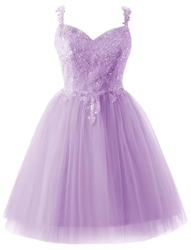 KIYNE Vestido corto de tul con lentejuelas brillantes para adolescentes, cuello en V, tirantes delgados, vestido de baile corto, Lila, 60 Grande