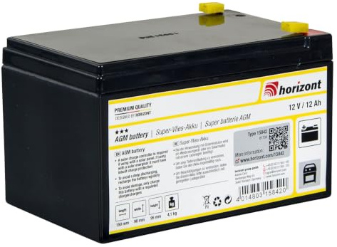 horizont Weidezaunakku 12V/12Ah Super-Vlies-Akku wiederaufladbar | Akku für Weidezaungeräte aufladbar, niedrige Selbstentladung, wartungsfrei, 12V/12Ah, inkl. Anschlusskabel