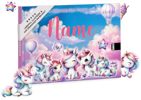 Personalisiertes Einhorn Freundebuch für Kindergarten & Schule | Rundfux® | 34 Freundeseiten, 4 Erzieher- oder Lehrerseiten, Eintragealbum, Kennenlernen, Fotos, Geburtstage, Erinnerungen
