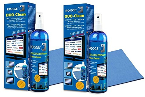 ROGGE DUO-Clean Original DoppelSet, 2x 250ml Bildschirmreiniger für LCD - TFT - LED - TV - Touch Displays + OLED - QLED + 2x ROGGE + Vileda Prof. Microfasertücher 38x40cm.