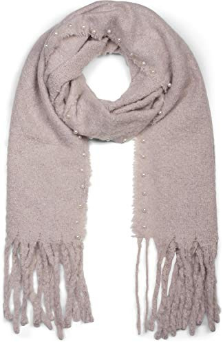 styleBREAKER Damen Web Schal Unifarben Perlen | Warmes Wintertuch, 16 cm dicke Fransen an den Enden, 8 mm große Kunstperlen Applikationen, 53x172 cm Maß, Stola Halstuch