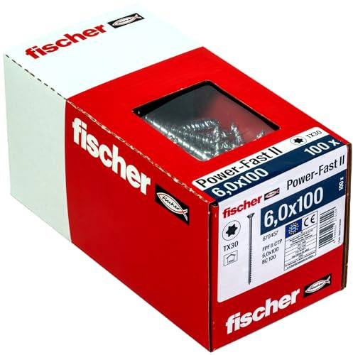 fischer - Vis PowerFast FPF II CTP 6,0x100 à Tête fraisée, empreinte TX, zingué blanc, filetage partiel - Boîte de 100