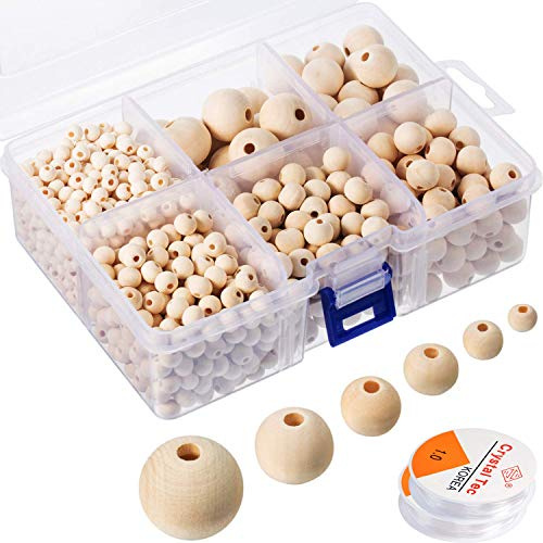 BITEFU Holzperlen Natur Holzkugeln mit Loch,6 Größen Holzperlen 1235 STK | 6/8/10/12/16/20mm mit 2 Rollen Transparenten Elastischen Fadens für DIY Schmuck Herstellung