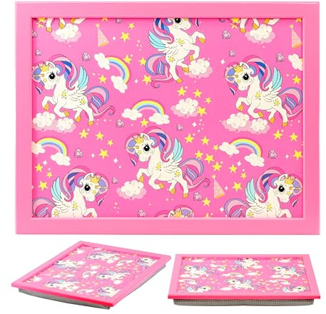 The Magic Toy Shop Wooden Lap Trays with Bean Bag Cushion - Rainbow Unicorns Design - Large Padded Tray for Kids - Suitable for Food, Art, Studies, TV, Sofa, Bed - Fantastic Gift for Girls and Boys
