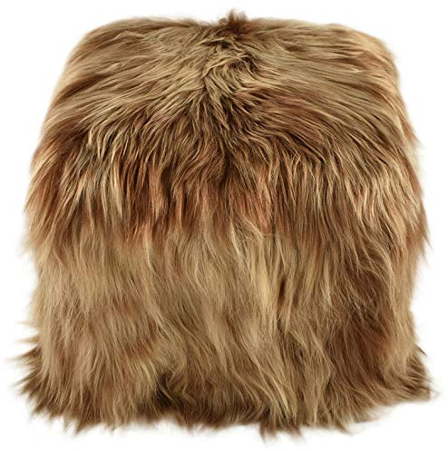 Hocker Sitzwürfel Pouf aus langwolliges Lammfell Goldbraun mit Holz Gestell 42 x 42 x 42 cm
