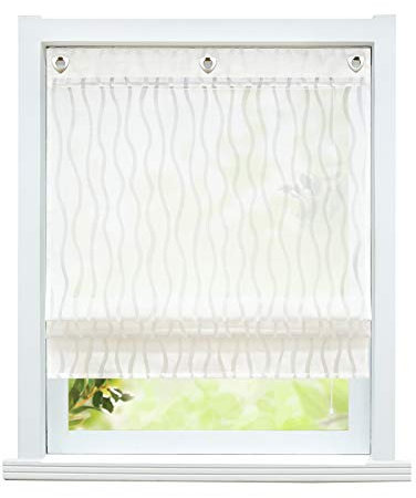 ESLIR Raffrollo ohne Bohren Raffgardine mit Ösen Gardinen Küche mit U-Haken Ösenrollo Ausbrenner Landhaus Weiß BxH 120x140cm1 Stück