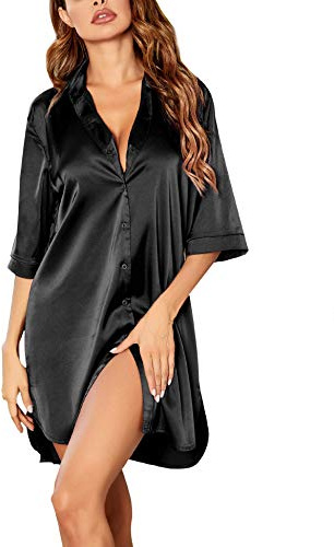 Ekouaer Nattlinne dam, nattklänning, satin, kort, 3/4 ärmar, sovskjorta med djup V-ringning, kort, sovkläder, negligé, nattkläder, S–XXL, svart, S
