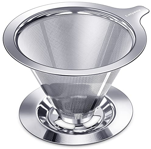 Laiyeoy Pour Over Coffee Dripper, Slow Drip Paperless Coffee Filter, Stainless Steel Pour Over Coffee Maker for Single Cup Brew, Double Mesh Design of Manual Reusable Cone Filter.