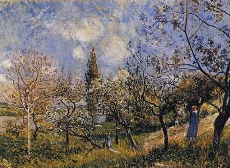 Feeling at home LEINWANDDRUCK im SCHATTENFUGENRAHMEN Obstgarten im Frühjahr Sisley Alfred - Museo horizontal Kunstbilder im Holzrahmen cm_40_X_56