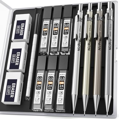 Nicpro 4 Stück Metall Druckbleistifte Set, Bleibleistift 0,5 mm mit 6 Röhren HB Minenminen, 3 Radiergummis mit Etui, 9-Kappen-Radiergummi für künstlerisches Zeichnen, Schreiben, Skizzieren, Zeichnen