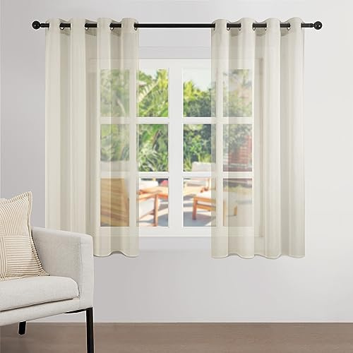 Topfinel Gardinen mit Ösen 160x140cm (HxB) 2er Set Beige Voile Vorhänge Transparente Gardine für Wohnzimmer Schlafzimmer