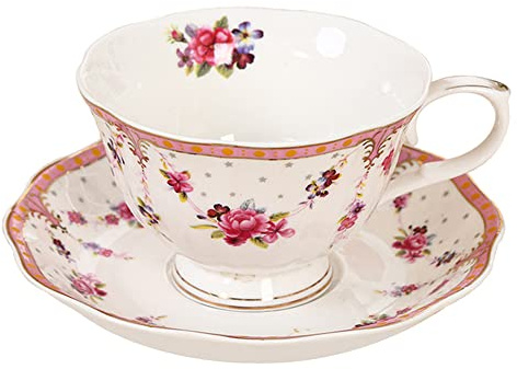 fanquare Rosa Kaffeetasse mit Untertasse, 220ml New Bone China Tee Kaffeetasse, Geschenk Porzellan Blumen Tasse und Untertasse Set