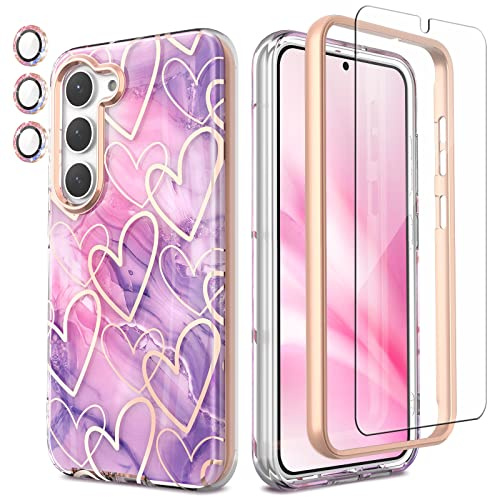 Chvelop für Samsung S23 Hülle mit Schutzfolie + Stoßfänger & Kameraschutz, TPU Stoßfest 360°-Schutz, Samsung Galaxy S23 Hülle Glänzend Fade-Resistant Muster Handyhülle S23, Lila