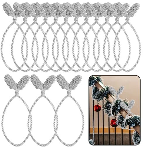 DIYASY Banister Ties for Garland - 12 Pcs Silver Christmas Decorative Twist Ties for Stairs Railing Holder, Reusable & Flexible Home Decorations
