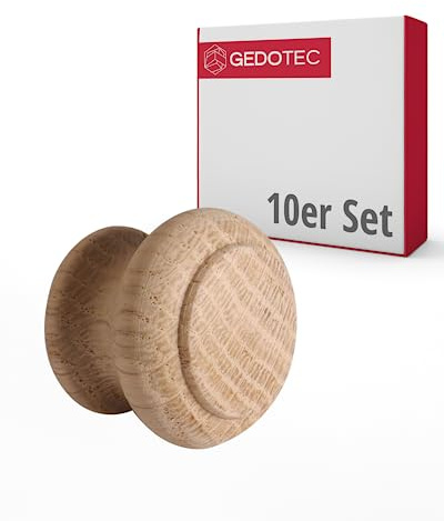 Gedotec Möbelknöpfe Holz | Durchmesser: 35 mm I 10 Stück | Türknopf für Schränke - Eiche roh (unbehandelt) inkl. Befestigungsmaterial I GIOVANNI I Knöpfe für Küchenschränke | Schrankgriffe