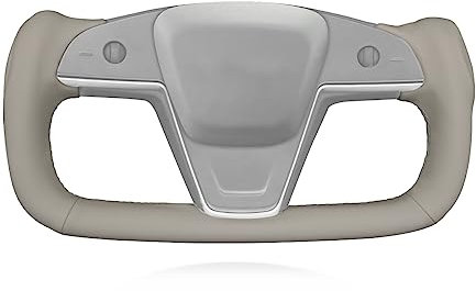 MEWANT Handgenähte graue Echtleder-Auto-Lenkradabdeckung für Tesla Yoke Model S Plaid 2021-2023 / Modell X 2021-2023 Lenkradzubehör für Tesla Yoke