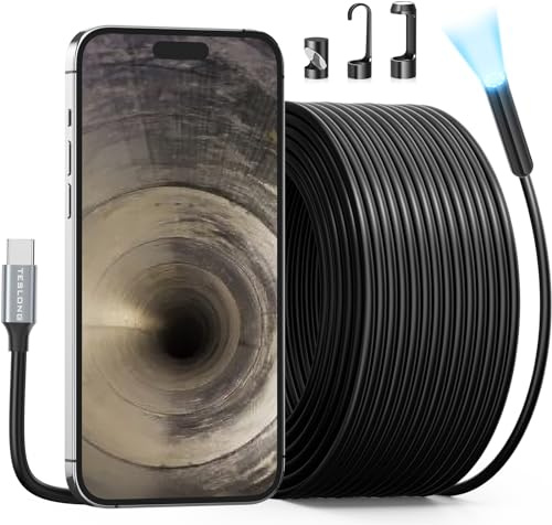 Teslong 50FT USB-C Borescope Camera with Light, Only Compatible with iPhone 15/16/17 Android Phones, 50 ft Flexible Waterproof Endoscope for DIY Pipe Inspection with Drain Snake