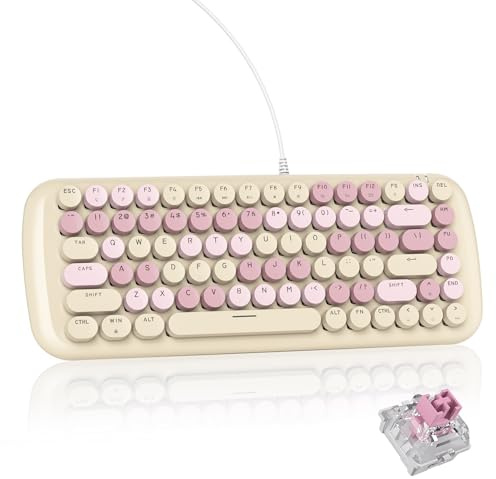 iRoboosta Milky Creamy Mechanical Gaming Keyboard, Aesthetic Keyboard w/White Backlit, 84 Keys Cute Retro Typewriter Computer Keyboard Wired w/Pink Switch, Round Keycap for Windows/PC/PS5 (Milk Tea)