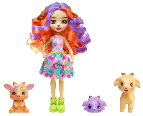 Ecnhantimals Sunshine Beach Famiglia di Golita Goat Bambola con criniera lunga e colorata e gonna a fiori, include 3 animali domestici capra, giocattolo regalo per bambini e ragazze +3 anni, HXC00