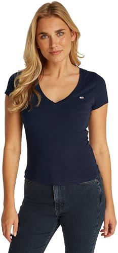 Tommy Jeans Camiseta de Manga Corta Mujer Slim con Cuello de Pico, Azul (Dark Night Navy), XXS