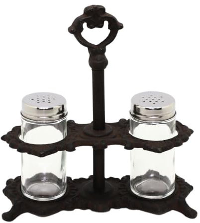 Salière et poivrière anciennes vintage fonte marron verre 18x8x20cm