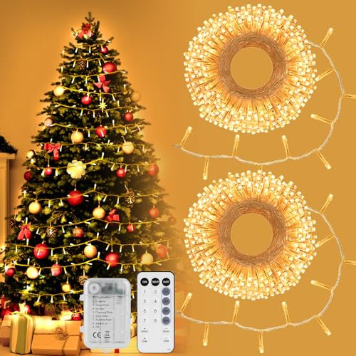 StarryEver LED Cluster Lichterkette Außen mit Fernbedienung, Cluster Lichterkette Warmweiß, 5M 100 LED Weihnachtsbeleuchtung Außen, Lichterketten Batteriebetrieben für Zimmer Balkon Garten 2er Pack