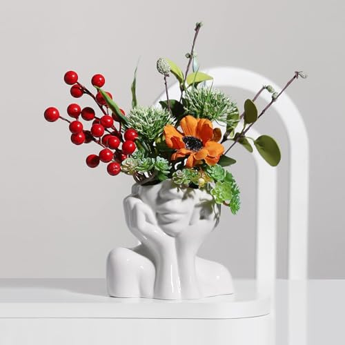 SHGDAIO Vasen für Blumen Keramikvase mit Gesicht, weiße Blumenvase zur Dekoration, Vase mit weiblichem Gesicht, Kunstvase, Moderne dekorative Vase, Tafelaufsatz