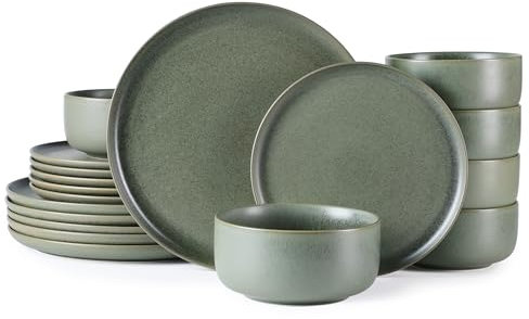 LeRatio Dinner Set for 6, 18 Piece Stoneware Plates and Bowls Set, Chip and Scratch Resistant Reactive Glaze Dinnerware Set, Oven & Dishwasher & Microwave Safe Crockery Set (Green, Service for 6)